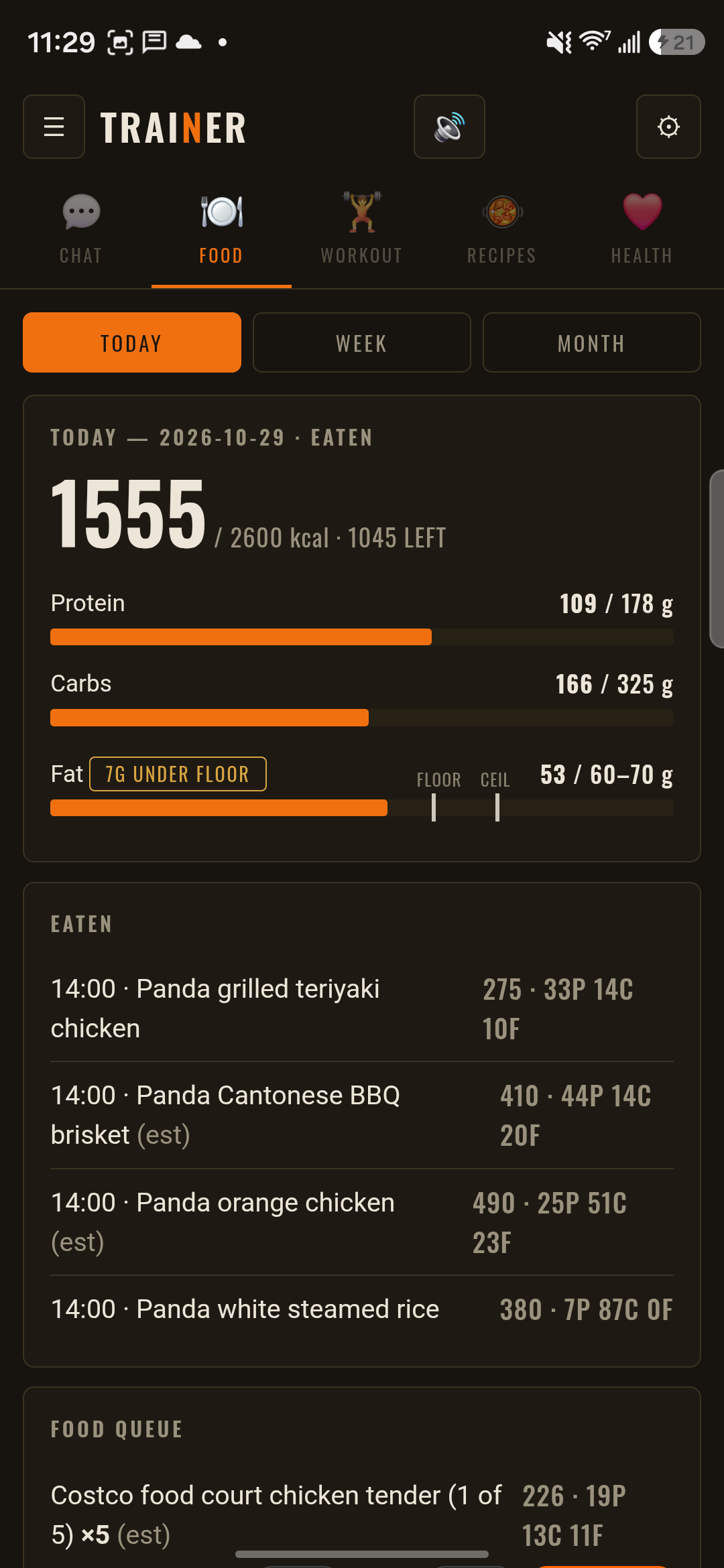 Food tab showing today's calories, protein, carbs and fat against targets, and the list of what was eaten