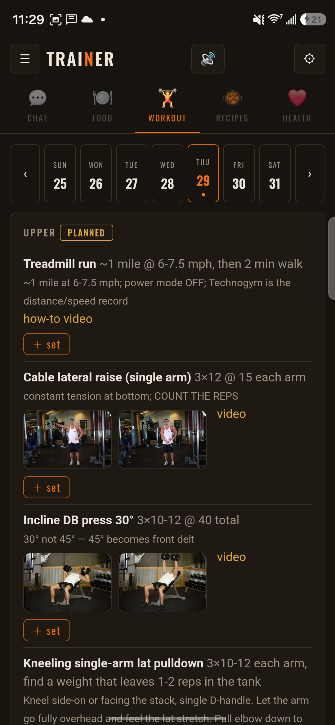 Workout tab showing the day's planned upper-body session with how-to photos and add-set buttons