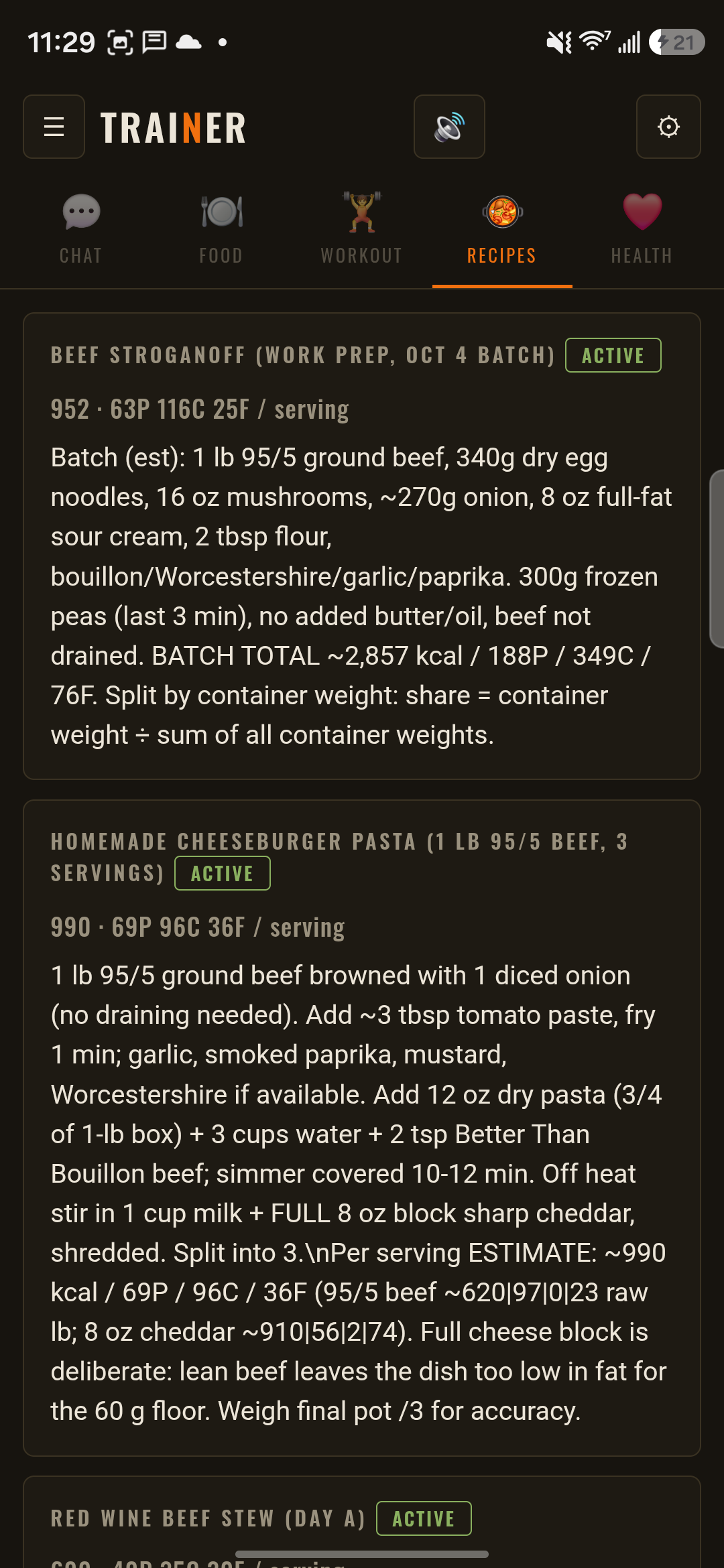 Recipes tab showing batch meal-prep recipes with per-serving calories and macros