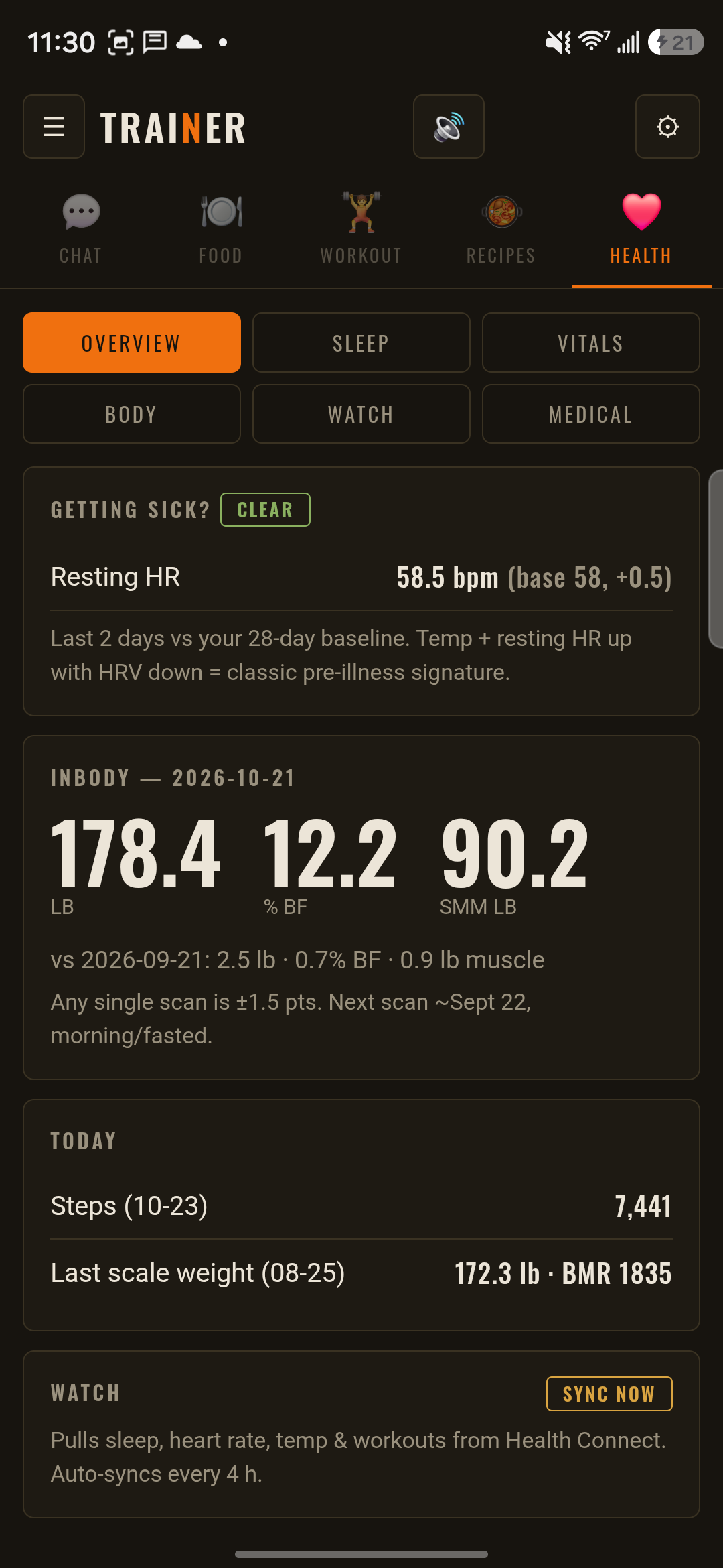 Health tab overview with a getting-sick check, latest body composition, today's steps and the watch sync