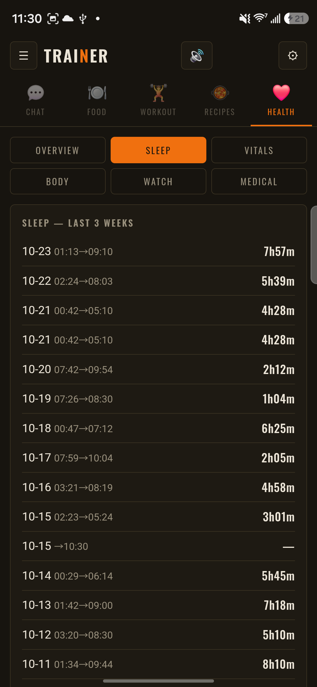 Sleep screen listing each night's bed and wake time and duration for the last three weeks
